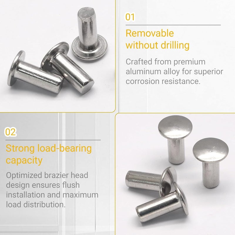 Jersvimc 3/16" x 1/2" Aluminum Rivets 120PCS Brazier Head Rivets, Solid Rivet Marine Boat Rivet for Metal Wood Plastic - Image 4